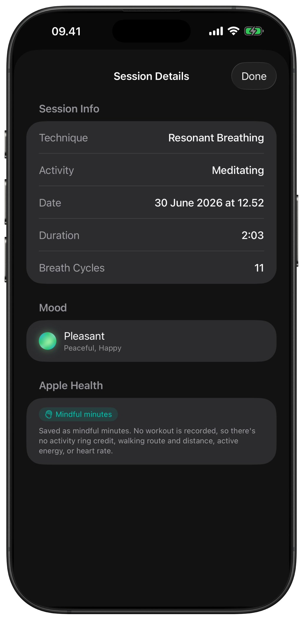 Pust Focus session detail showing a Resonant Breathing session saved as Mindful minutes with a logged mood.