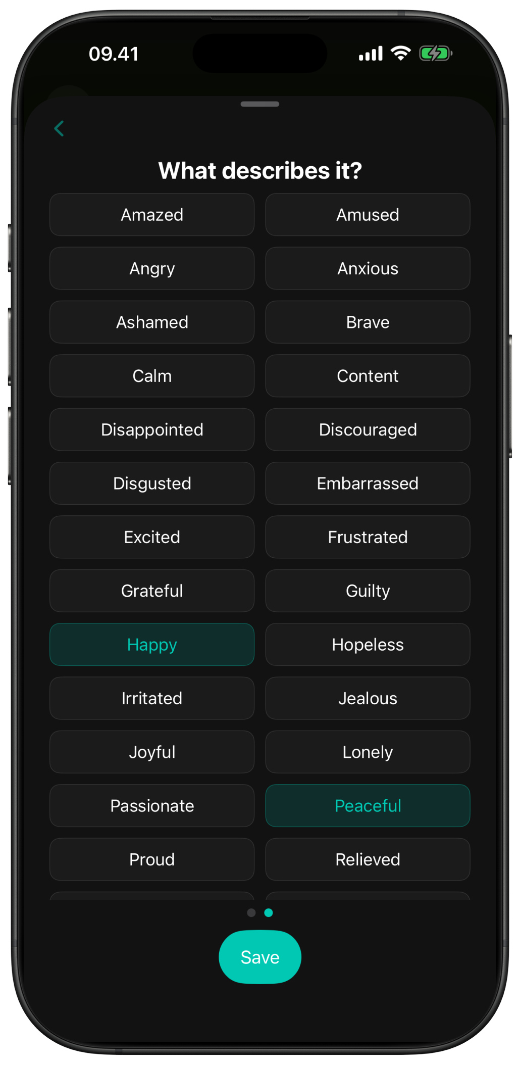 Pust Focus mood check-in second step with emotion labels.