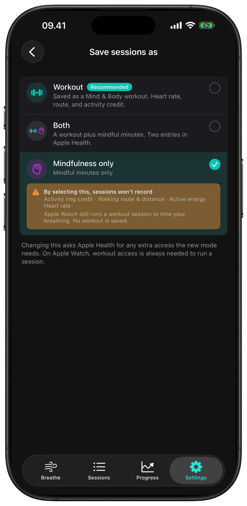 Pust Focus Save sessions as setting showing Workout, Both, and Mindfulness only options.