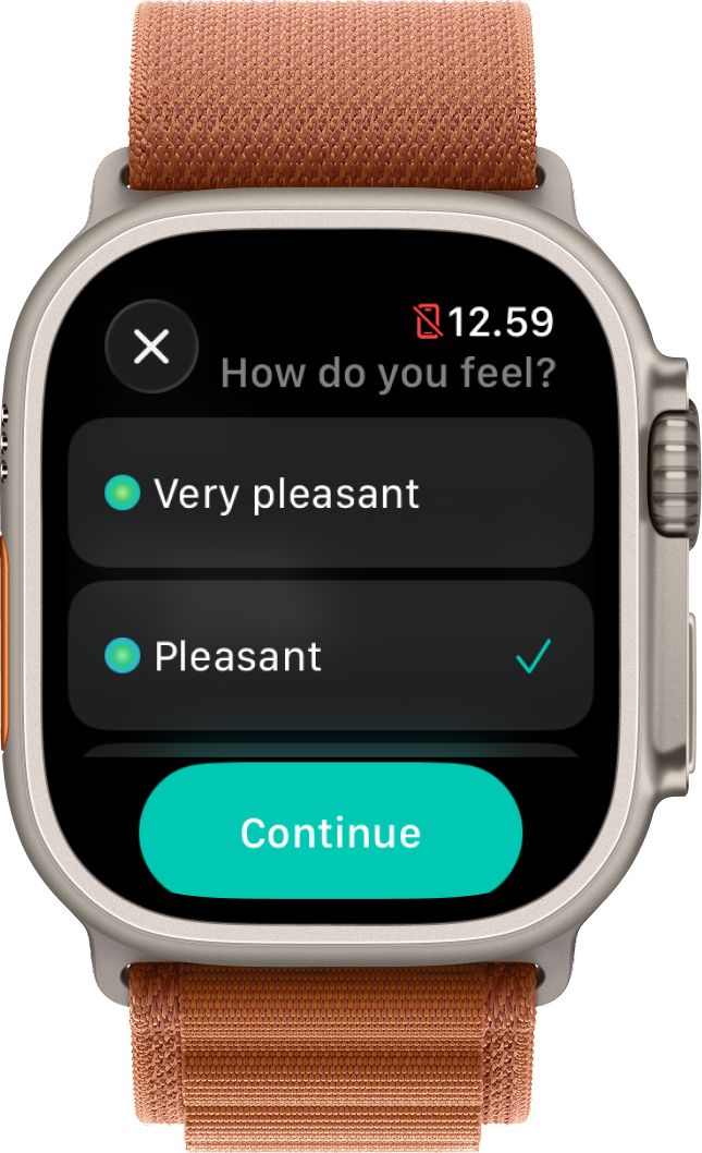 Pust Focus mood check-in on Apple Watch, choosing how you feel.