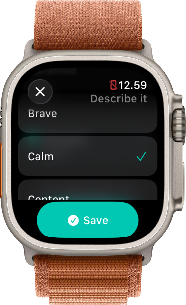 Pust Focus mood check-in on Apple Watch, choosing a describing emotion.