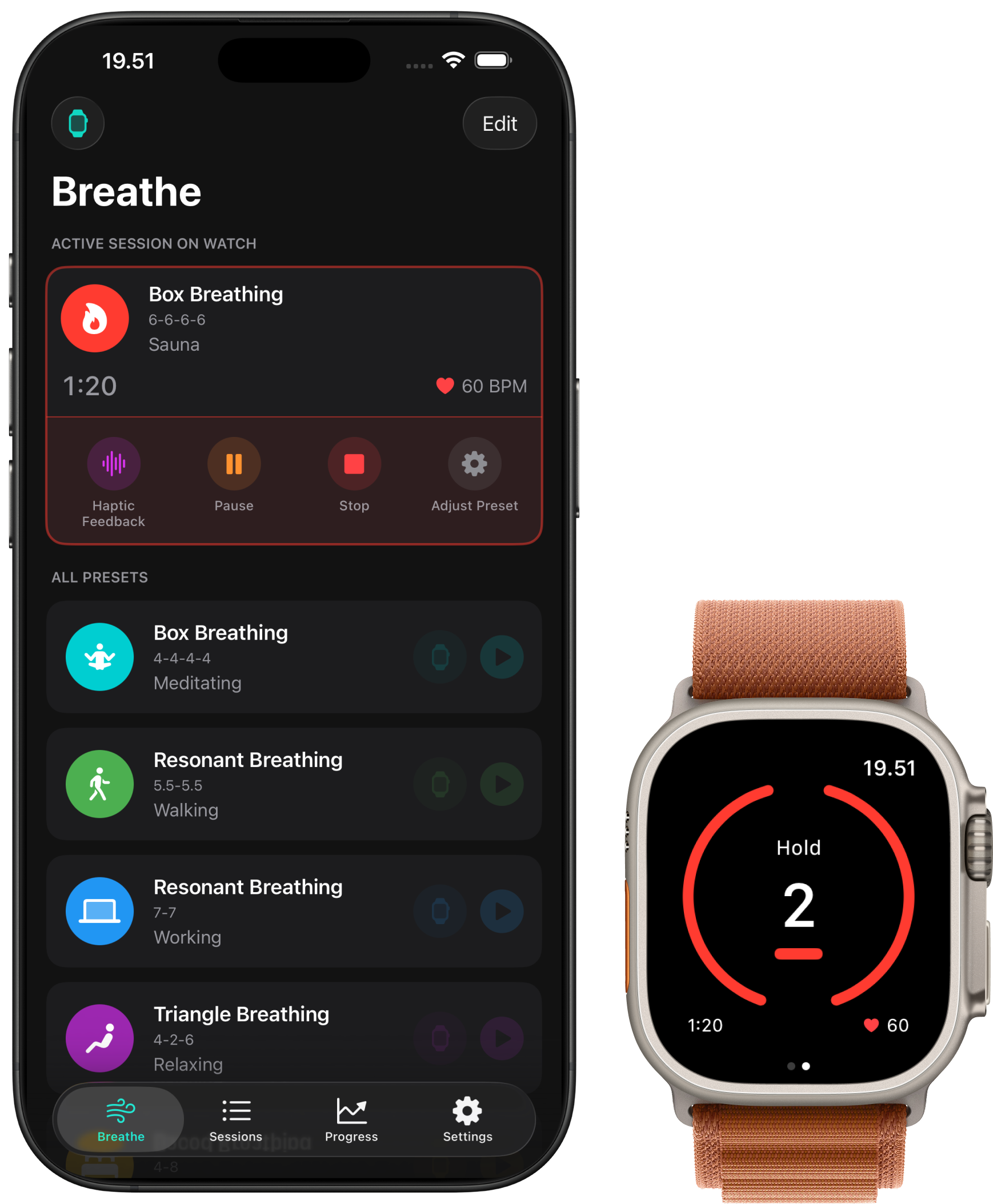 Pust Focus iPhone controlling an active Apple Watch breathing session