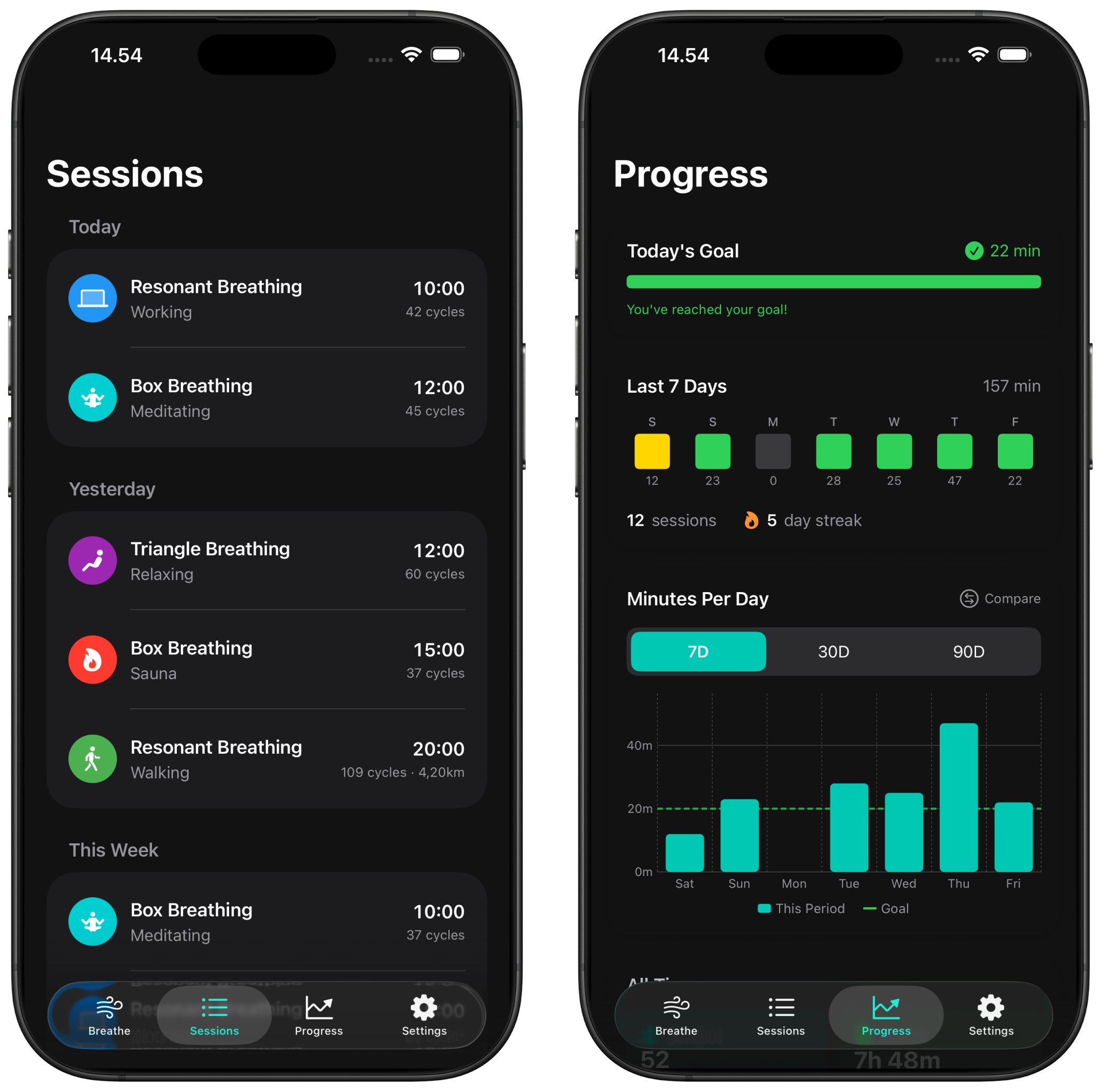 Pust Focus session history and progress charts